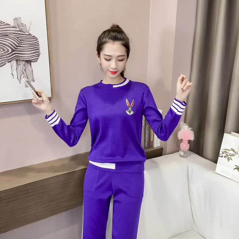 

Leather Hair 2018 New Style Pants Set Mid-length Casual Sports Knitted Sweater Two-Piece Set