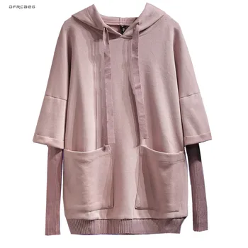 

4XL Loose Patchwork Knitted False Two Piece Plus Size Hoodies 2019 Autumn Streetwear Casual Oversized Hooded Sweatshirt Female