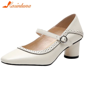 

Karinluna New Arrivals 2020 Genuine Leather Chunky Heels Shoes Women Pumps Female Buckle Strap Office Lady Pumps Woman Shoes