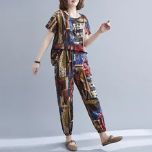  2021 Summer Fashion New Plus Size Women Clothing Round Neck Top + Nine-Point Harem Pants Floral Two-Piece Suit Trend H050 