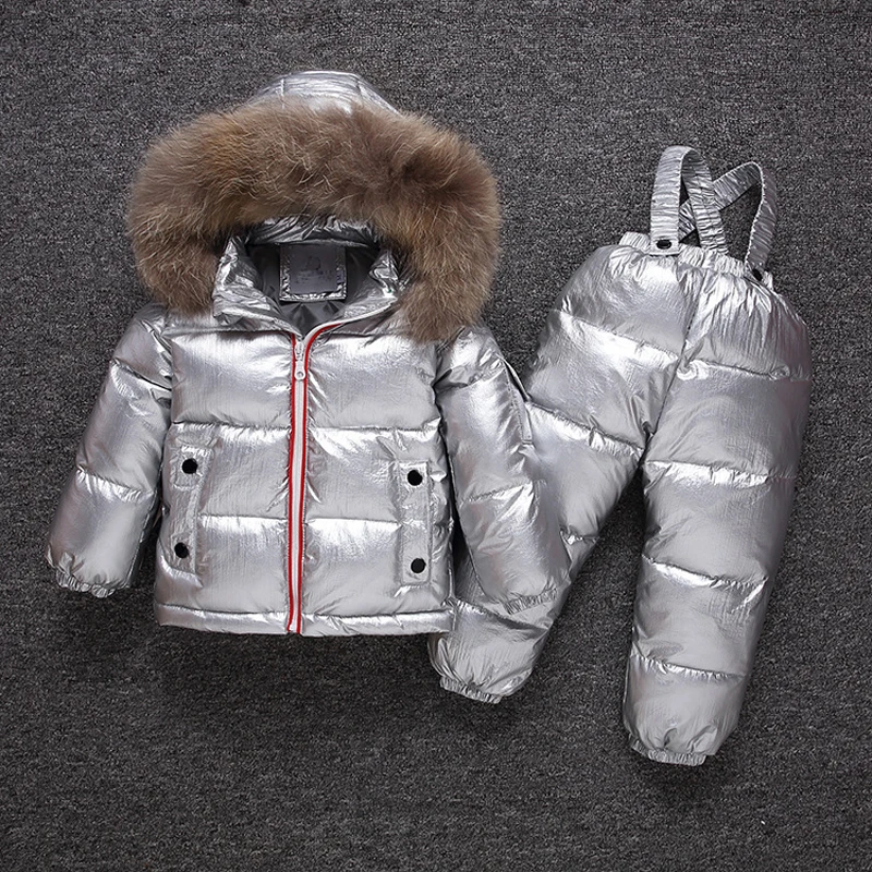 

Boy and girl silver down suit toddler kids clothes nature rich fur coat pants with belt 2019 new children winter clothes sets