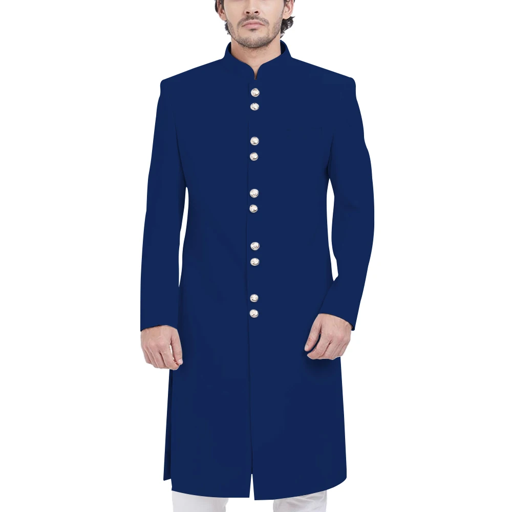 Формальное длинное Мужское пальто, элегантное, для улицы, на каждый день, Sherwani, воротник-стойка, свадебное, для жениха, халат, для ужина, банкета, вечерние, скромная мужская куртка - Цвет: Dark Royal Blue