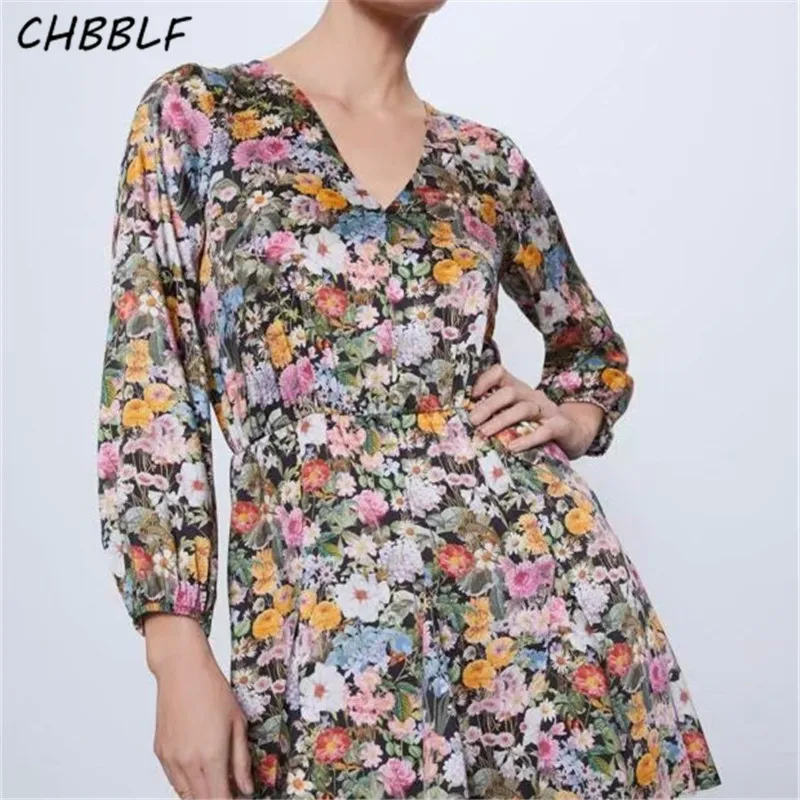 

CHBBLF women vintage floral pattern mini dress V neck elastic waist long sleeve female casual chic A line dresses vestido O9561