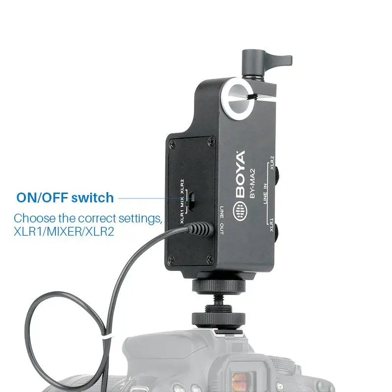 

BOYA BY-MA2 Dual-Channel XLR Audio Mixer with 6.35mm input 3.5mm Jack for Canon Nikon DSLR Camcorders Wireless Microphone System