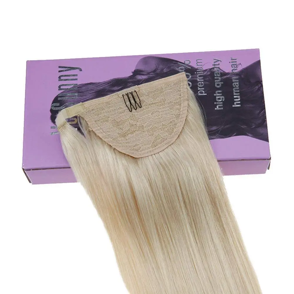 VeSunny Ponytail Extensions Wrap Around Magic Tape with Comb Human Hair Straight Light Blonde#60