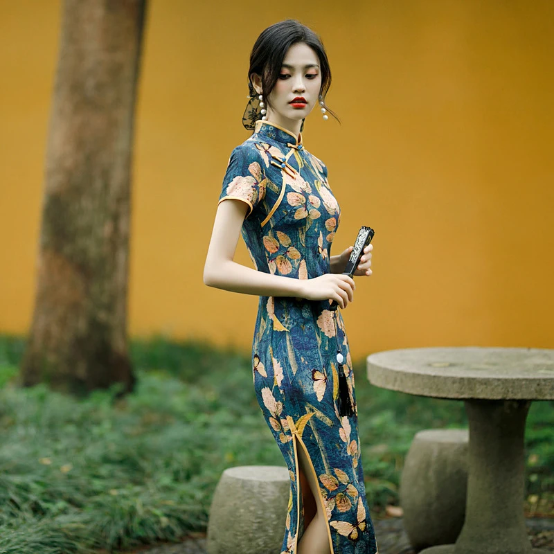 

Приталенные платья, китайское винтажное платье-Ципао, женское летнее элегантное платье с принтом бабочек и цветов, пикантная одежда для свадебной вечеринки, Qipao 2022