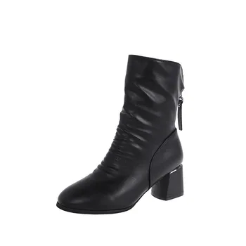 

2020 New Fashion Knee-High Shoes Solid Color Sapatos De Mujer Fila Cool Motorcycle High Heels Short Plush Long-tube Martin Boots