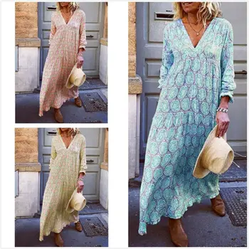 

Women's Lady Casual Boho V Neck Long Sleeve Long Maxi Cocktail Party Beach Dress