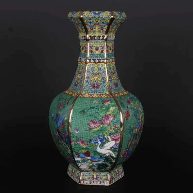 10 inch Chinese Colour Enamels Porcelain Vase Gild Flower Bird Six Sides Design