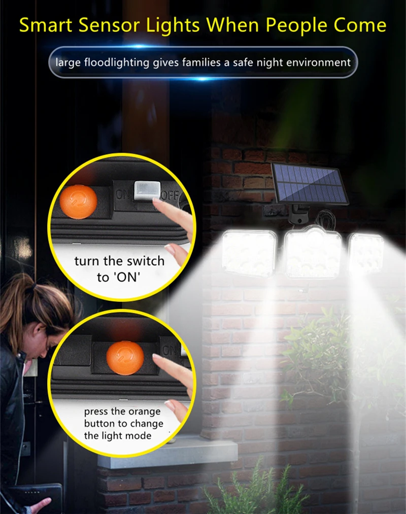 Solar LED Light Outdoor Motion Sensor Solar Powered Garden Lamp 3 Heads Remote Control Waterproof Wall lamp For Garden Street