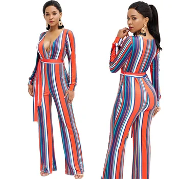 

Fashion Sexy Striped Print bodycon Jumpsuit Deep plus size party summer V-Neck wide leg jumpsuit women elegance club