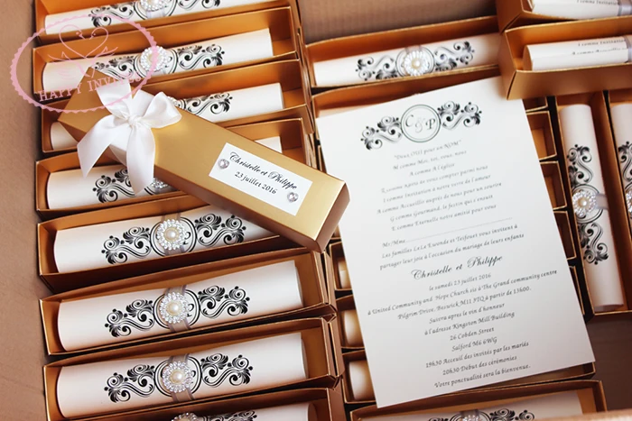 HI2052-40 Golden Scroll Invitation Card with Rhinestone Brooch