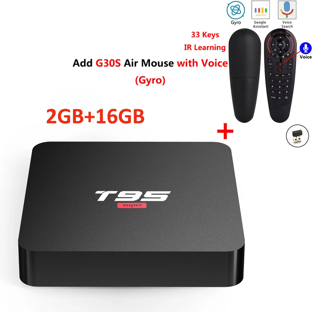 T95 супер Android tv Box Android 10,0 2GB DDR3 16GB Allwinner H3 четырехъядерный(1,5 GHZ) AV USB телеприставка 4k 100M H.265 медиаплеер - Цвет: 2GB 16GB  add G30S