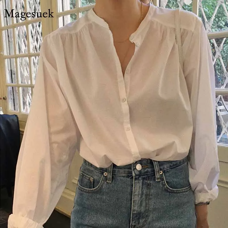 

2020 New Spring Autumn Cardigan Casual Blouse Women Splicing Tops Korean Style Loose Puff Sleeve O-neck White Shirt Female 12289