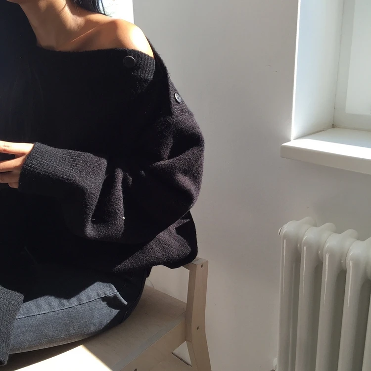 Thick Winter slash neck Sweater Women pullover Girls Tops Loose Autumn Female Elegant Knitted Outerwear Sweater Warm Oversize