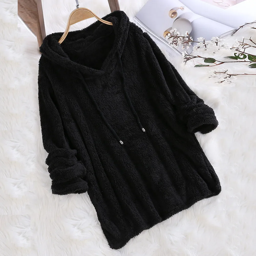 JAYCOSIN fashion ladies long-sleeved soft plush pullover sweatshirt solid color warm casual hooded sweatshirt autumn winter