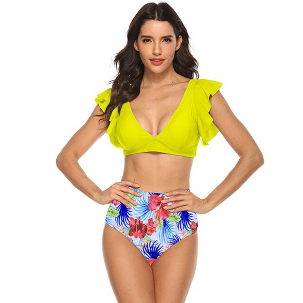 

Floral Ruffled Hem Bikini Set Women Flora V-neck High-waisted Two Piece Swimsuit 2020 Girl Beach Bathing Suit Swimwear Biquinis