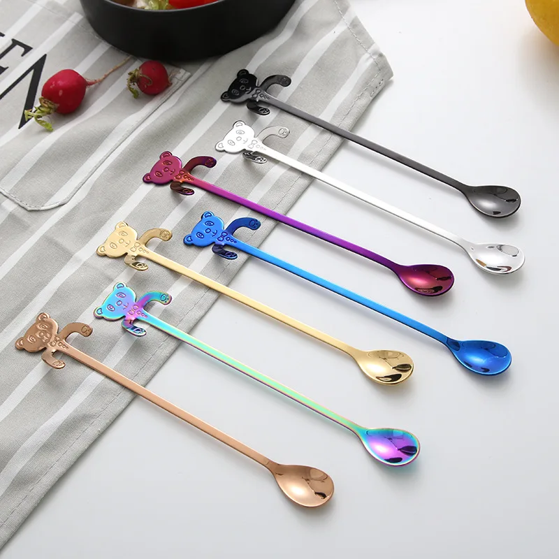 

7pcs/set Colorful 304 Stainless Steel Ice Spoon Creative Cartoon Bear Hanging Cup Spoon Long Handle Coffee Stirring Spoons