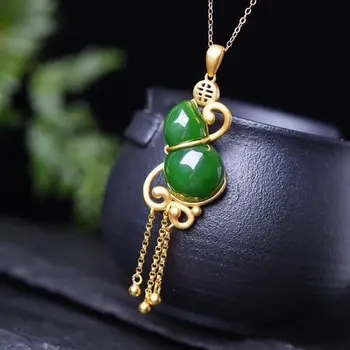 

Silver inlaid natural Hetian white jade gourd Pendant Necklace with Chinese unique ancient gold craft charm women's jewelry