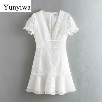 

2020 Women Sexy Deep V Nekc Embroidery White Mini Dress Ladies Chic Ball Stitching Ruffles Vestidos Net Yarn Slim Dresses