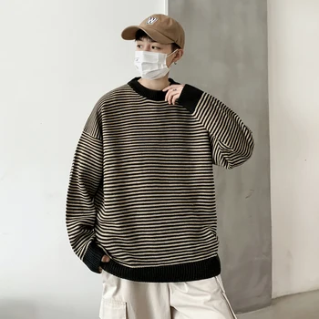 

2019 Winter Men's Stripe Printing Knitting Round Neck Woolen Sweater Fashion Cashmere Pullover Keep Warm Black/khaki Color Coats