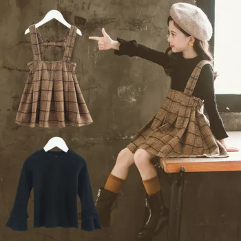 

Kids Girl Clothes Autumn Clothing Set Plaid Suspender Skirt + Base Shirt Two-Piece Sets Spring Girls Skirt Outfits 10 12 years