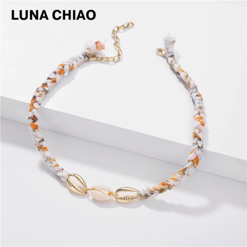 LUNA CHIAO Fashion Jewelry Boho Bohemian Colorful Braided Fabric Chain Choker Shell Conch Short Necklace Summer Vocation Women | Украшения