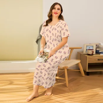 

Spring and Summer Plus Size Nightdress Printed Short-sleeved Casual Loose Home Wear Plus Size Womens Nightgown Sleepwear