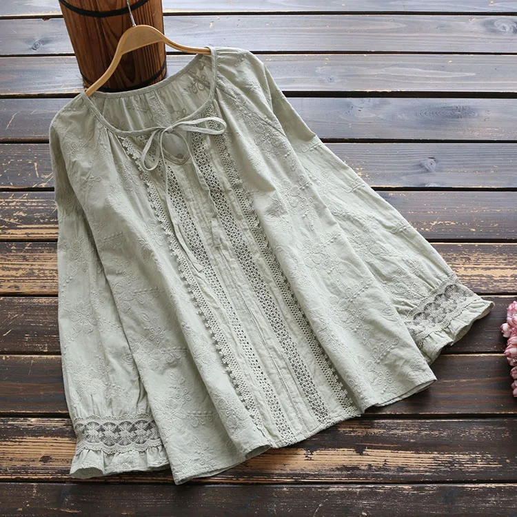 

Vintage lolita floral embroidery bow sash lace patchwork pleated long sleeve shirt blouse mori girl S29233-AQ