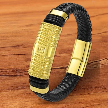 

Luxury Charm Woven Designer Jewelry Magnetic Gold Genuine Leather Bracelet Men Hand Rope Wholesale Accessories Gift