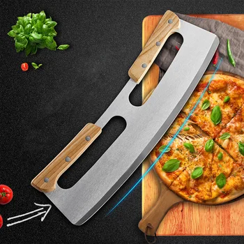 

New Hot Two-handle Pizza Cutter Wooden Handle Half-round Pizza Hob Easy to Operate Rocker Knives for Kitchen Tool SMD66