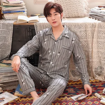 

Pajamas Men with Cotton Long Sleeve Spring And Autumn Large Size Spring And Summer Thin Greenish Blue Middle-aged Knitted Cotton