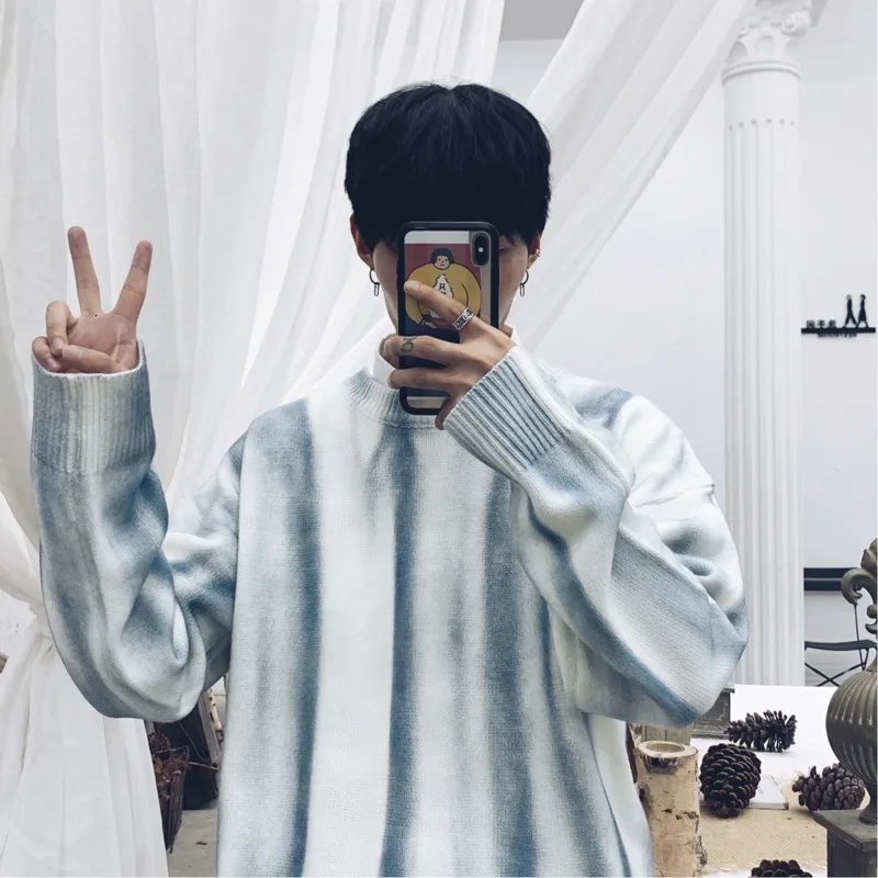 Winter Sweater Men's Warm Fashion Tie Dyed Printed Casual Cotton Knit Sweater Man Wild Loose Long-sleeved Pullover Men M-2XL