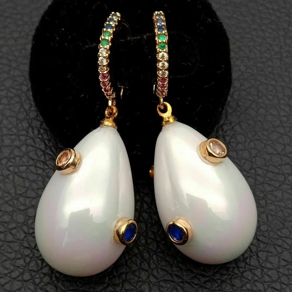 Teardrop White Sea Shell Pearl Mixed color Cz Pave Lever back Earrings