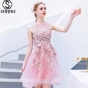 

Skyyue Cocktail Dress Sexy Sleeveless Mini Cocktail Dresses 2019 Crepe Lace Tank Plus Size Embroidery Robe Cocktail E610