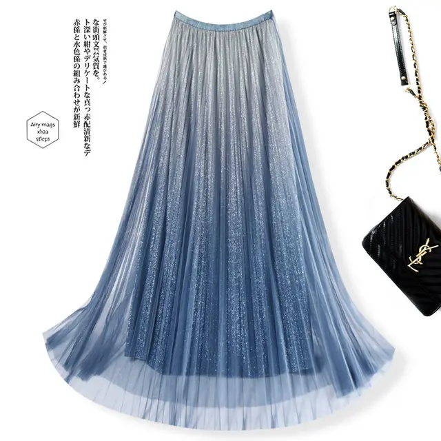 New Spring Summer Korean Women Elegant Gradient Color High Waist A Line Pleated Midi Skirt Female Mesh Tulle Skirt M17 Skirts Aliexpress