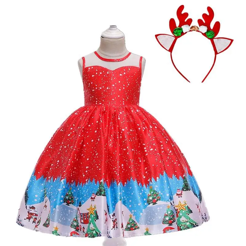 Рождественская детская Рождественская одежда со скидкой Новогоднее платье для девочек с принтом От 4 до 8 лет+ повязка на голову, вечерние платья для девочек - Цвет: REDF