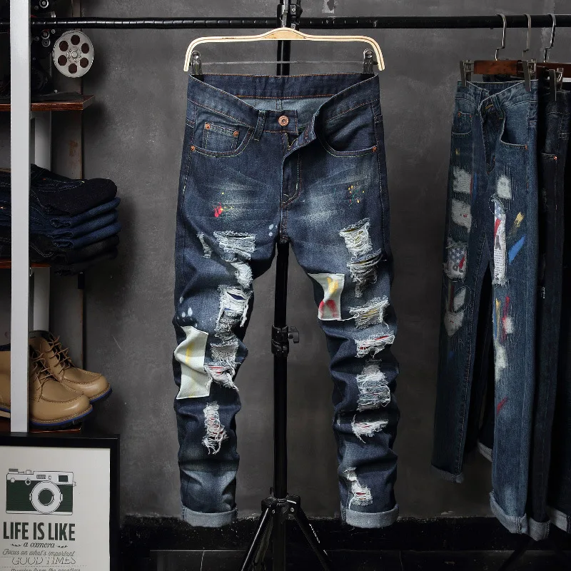 

Джинсы мужские стрейчевые, классические брюки Slim Fit, темно-синие, повседневные модные брендовые штаны из денима с дырками, весна-осень