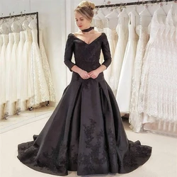 Gothic Design Black Wedding Dress with Choker Long Ribbon Lace Satin A Line Long Sleeve Vintage Bridal Gowns Vestido De Noiva