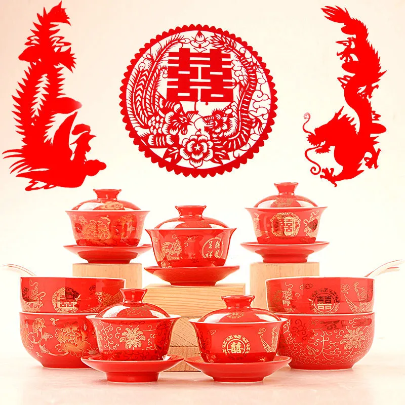 Дракон и феникс свадебный чай gaiwan Tureen чайная чаша китайский красный чашка блюдце