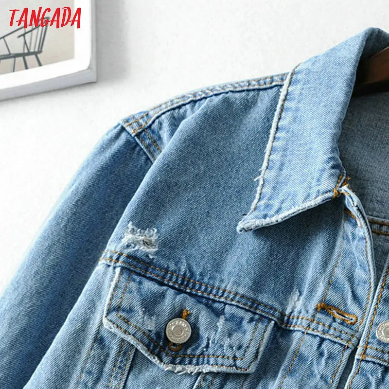 Tangada women short style denim jacket jeans korean fashion pockets short style jacket coat female high street tops FN106