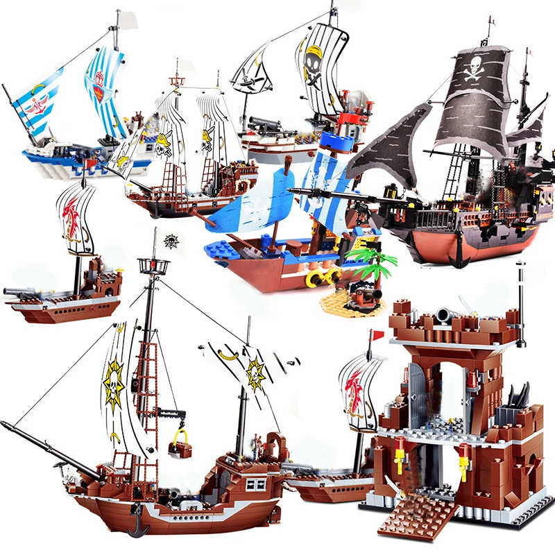 

Battle Ship Compatible Legoed Pirate Ship Caribbean Black Pearl Boat Military Set Model Building Blocks Bricks Toys For Children