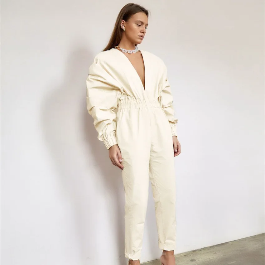 iMucci Puff Sleeves Rompers Womens Jumpsuit Sexy Deep V-neck Pleated Designer Women Brand Causal Jumpsuit Women 2020 Autumn New