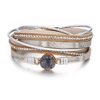 

Multi-Layer Leather Wrap Bracelet for Women Purple Quartz AAA+ Cubic Zirconia Ladies Jewelry Bracelets Bangles Wrist Band Chain
