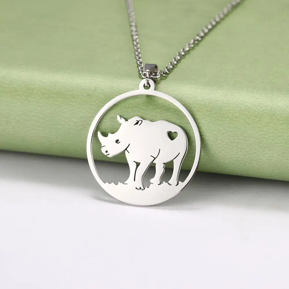Rhinoceros Silver Myshape 316L нержавеющая сталь собака свинья лиса птица Панда Сова Drangon кошка носорог коала мать Животное подвеска, золотая цепочка - Окраска металла: Rhinoceros Silver