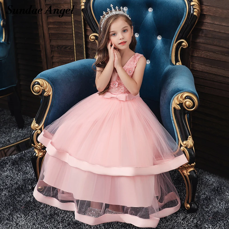 

Sundae Angel Princess Dress Girls Robe Sleeveless Solid Appliques Back Big Bowknot Mesh Enfant Train Ball Gown Dresses Costume