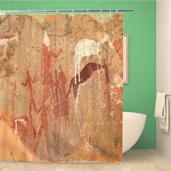 

Bathroom Shower Curtain Bushmen San Rock Painting of Human Figures and Antelopes 72x72 inches Waterproof Bath Curtain Set with