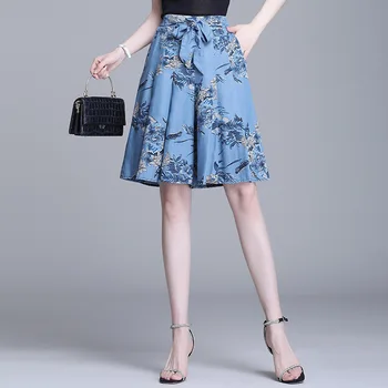 

Women Shorts Skirt 2020 High quality Elastic Waist Floral Print Blue Half Length Shorts Loose Boho Chic Femme Wide Leg Shorts