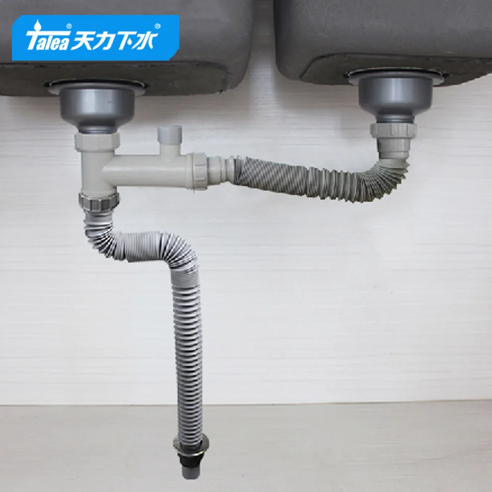Talea Double Sink Drain Pipe Kit Drainpipe Kitchen Fixtures Flexible Steel Wire Boiling Water Resistant Sink Waste Downcomer Set