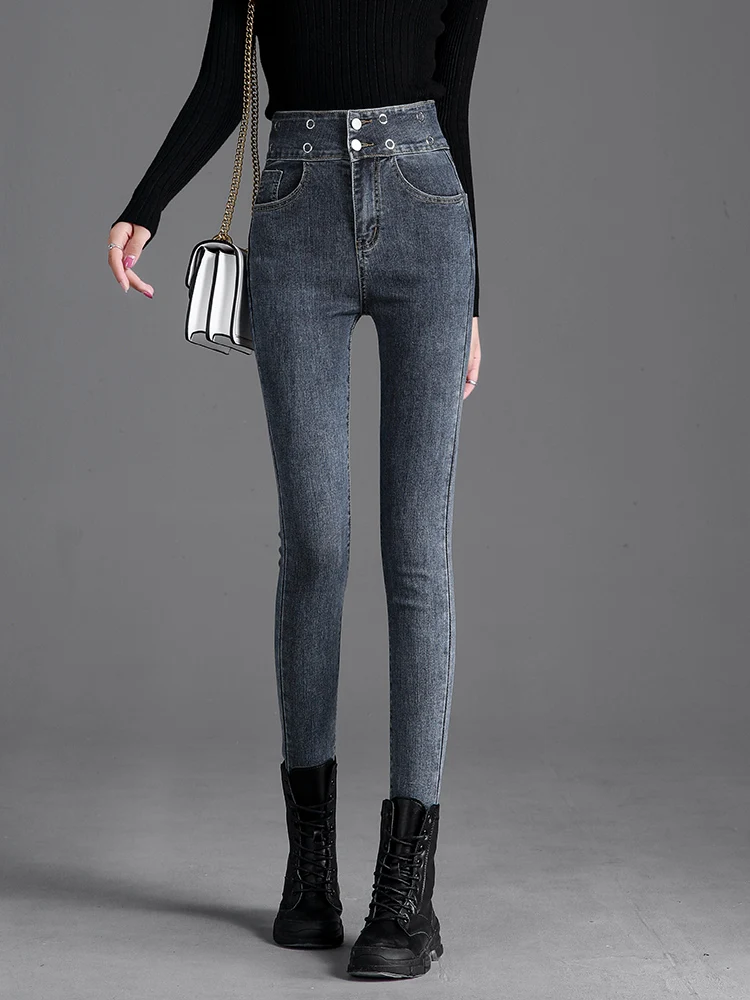 Новые джинсы женские девять очков чистая красная и элегантная Высокая талия были тонкие брюки узкие брюки